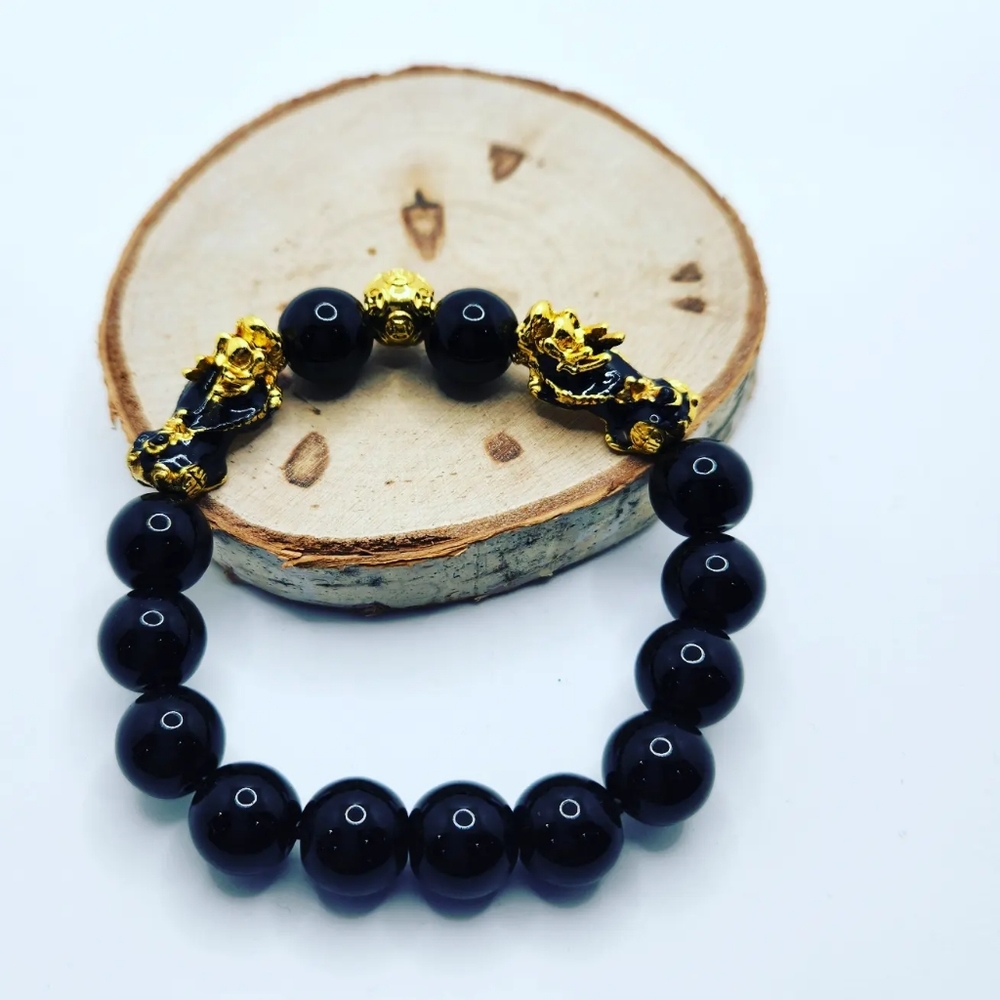 Black Obsidian Double Pixiu Unisex bracelet 12 mm